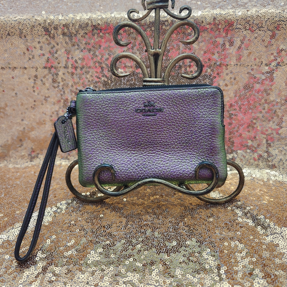 Coach Purple Hologram Pebbled Leather Corner Zip Wristlet